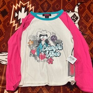 Rock & Roll Cowgirl Pink, White & Teal Raglan 'Cowgirl Vibes' Tee